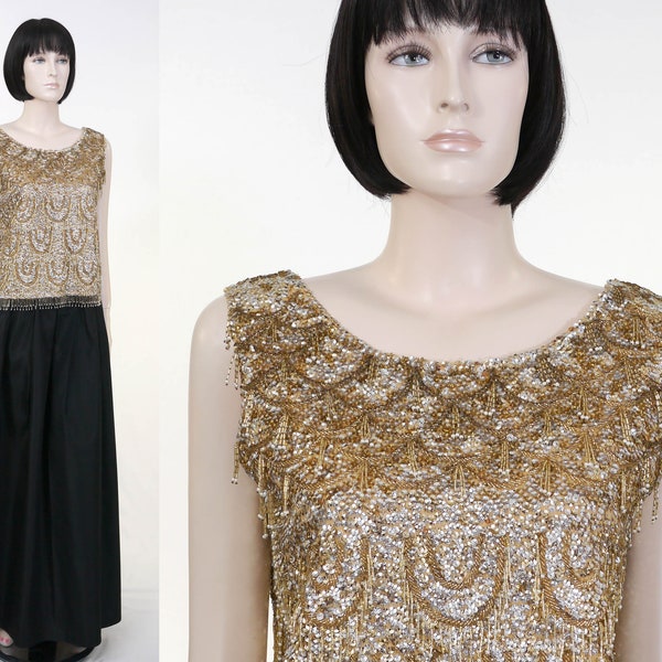 Vintage Jeri-Jo New York Gold Hand Beaded Lined Top - Long Black Skirt - Formal Wear - Beaded Top/Shell - Long Black Formal Skirt NOS