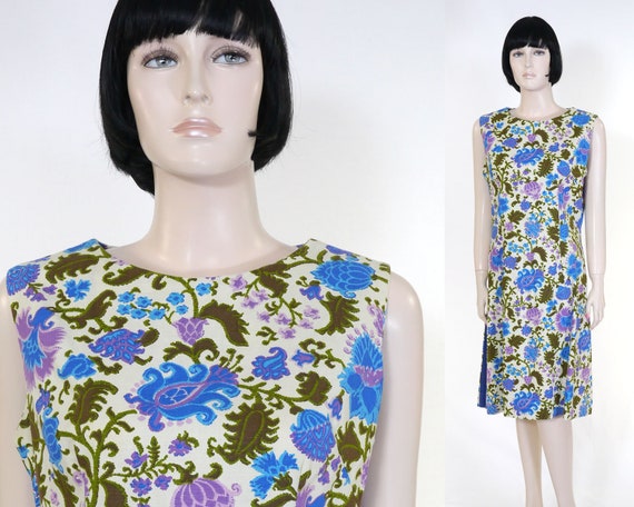 Vintage 1960s Women's Mod Summer Dress - Blue & G… - image 1