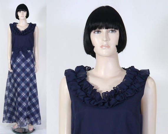 Vintage 1970s Navy Blue Plaid Organza Dress by Mi… - image 1