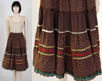 Vintage 1980s Southwest Style Circle Skirt - Brown, Red, Yellow Circle Skirt - Unlined - Western Skirt - Waist 24" - Patio Skirt