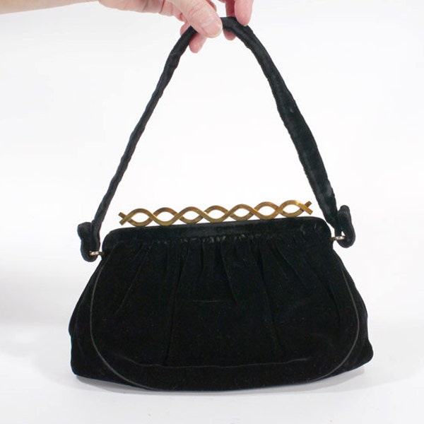 Vintage 1950s Ladies Black Velvet Purse - Gold Tone Art Deco Wave Clasp - MEL-TON LABEL - Handbag Clutch