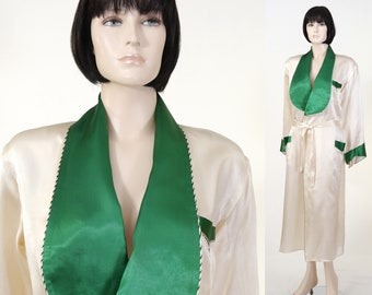 Vintage Satin Robe - Women's Satin Robe - Fashion Mart Robe - Ivory/Green Satin Robe - Belted - Piping - Hollywood Style Robe - Lightweight
