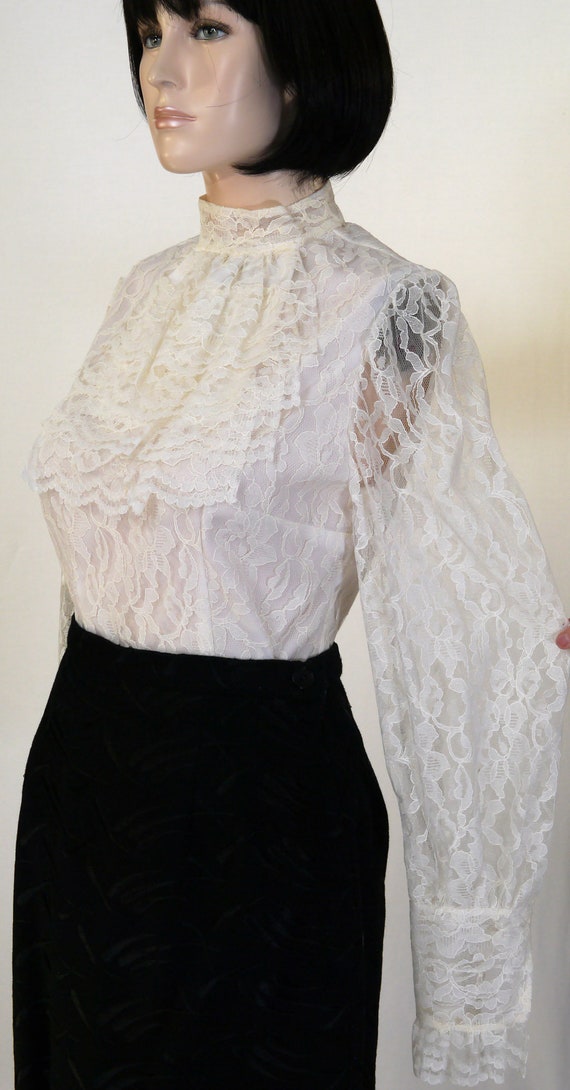 Vintage Scottish White Lace Blouse w/Jabot - Blac… - image 5
