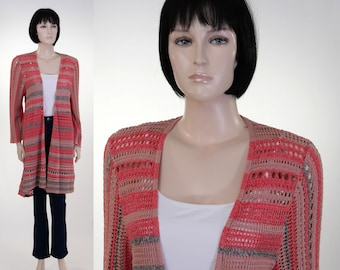 Vintage Open-Front Long Cardigan Sweater - Open Knit Sweater - Boho Sweater - Style & Co - Coral, Gray, Orange Sweater - Hippie Sweater