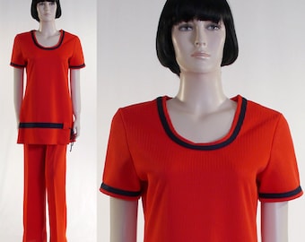 Vintage 1970s Women' s Orange & Navy Pant Suit - Orange Polyester Ladies Suit - Tunic and Pants - Ladies Leisure Suit - Retro 2 Piece Suit