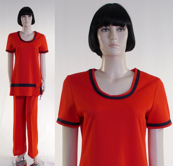Vintage 1970s Women' s Orange & Navy Pant Suit - Orange Polyester Ladies Suit - Tunic and Pants - Ladies Leisure Suit - Retro 2 Piece Suit