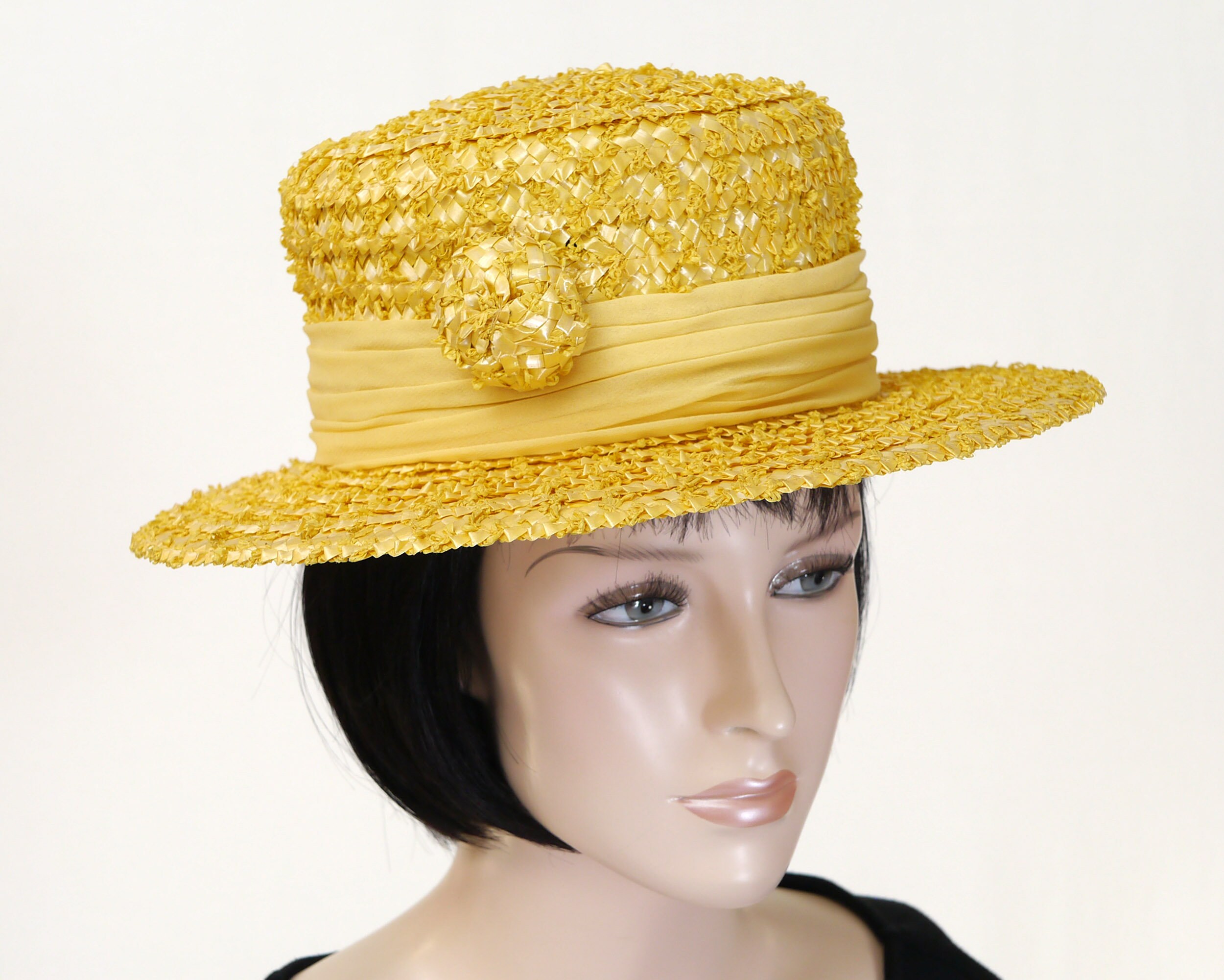 Vintage Women's Yellow Boater Hat 1960 