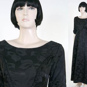 Vintage 1960s Black Satin Brocade Hawaiian Gown - Reef Made in Hawaii - 100% Rayon - Hibiscus Brocade - Wedding Gown