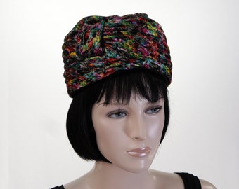Vintage 1950s Women's Metallic Turban - Jewel Tone Turban - Union Label - Mid Century Hat - Pleated Turban - Multi-color