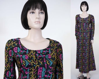 Vintage Long Sleeve Dress - Abstract Print - Black, Pink, Yellow - Lined - Bohemian Dress - Silky Scarf Fabric - Maxi Dress/Covered Buttons