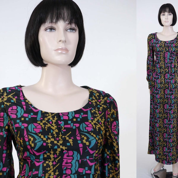 Vintage Long Sleeve Dress - Abstract Print - Black, Pink, Yellow - Lined - Bohemian Dress - Silky Scarf Fabric - Maxi Dress/Covered Buttons