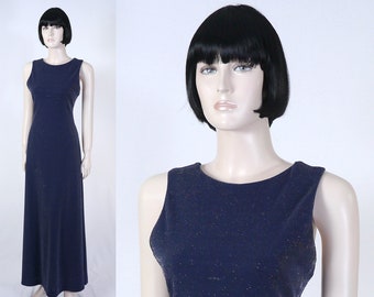 Vintage 1990s Navy Blue Metallic Gown - Formal Attire - Special Event Dress - FRANCIAS - Size 4 - Jeweled Buttons - Backless Gown