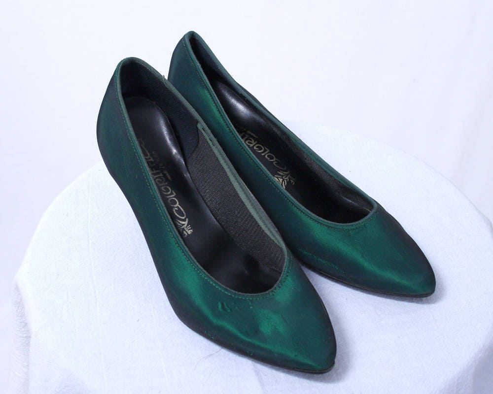 emerald green satin pumps