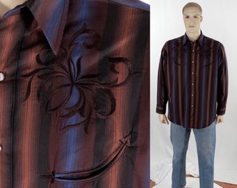 Camisa vaquera vintage para hombre - Bolsillos con forma de sonrisa, broches de perlas, bordado en los hombros - Talla mediana - Camisa vaquera - Rayas marrones y azules