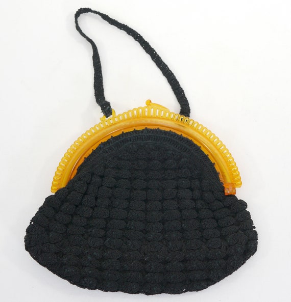 Vintage Black Crochet Handbag with Lucite Closure… - image 3