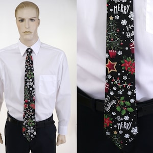 Set of 2 Men&#39;s Christmas Neckties - Holiday Tie - Holiday Necktie - Cotton Necktie - Black, Red, Yellow Necktie - Christmas Theme Tie