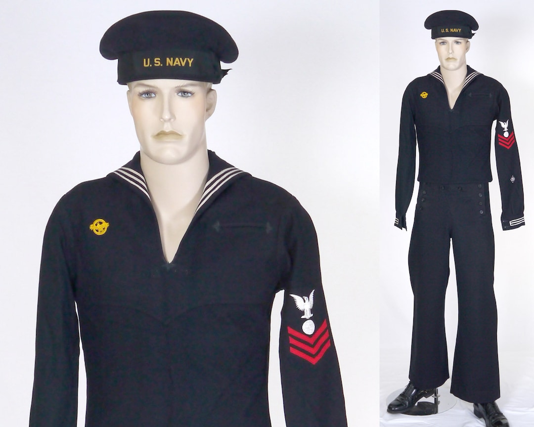 Vintage WWII Navy Dress Blue Service Uniform W/cap Pants Sailor  Cracker Jack Uniform Petty Officer First Class 1940's