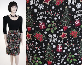 Women's Christmas Skirt / Party Skirt / Waist 32" / Fully Lined / Holiday Skirt / Happy Holiday Skirt / Holly, Packages, Stars