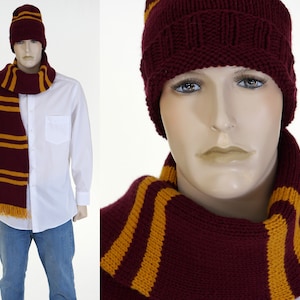May include: A maroon knitted hat with a gold stripe pattern and a matching scarf. The hat and scarf are both made of soft, warm yarn.