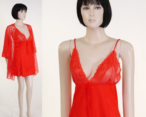 Vintage Red Babydoll & Robe Set - 2 Piece Lingeri… - image 1