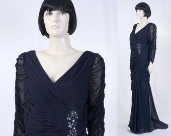 Vintage Navy Blue Long Formal - Midnight Blue Vintage Gown - Formal Wear - Mystery Party Gown - Ruched Sleeves - Adrianna Papell - Medium
