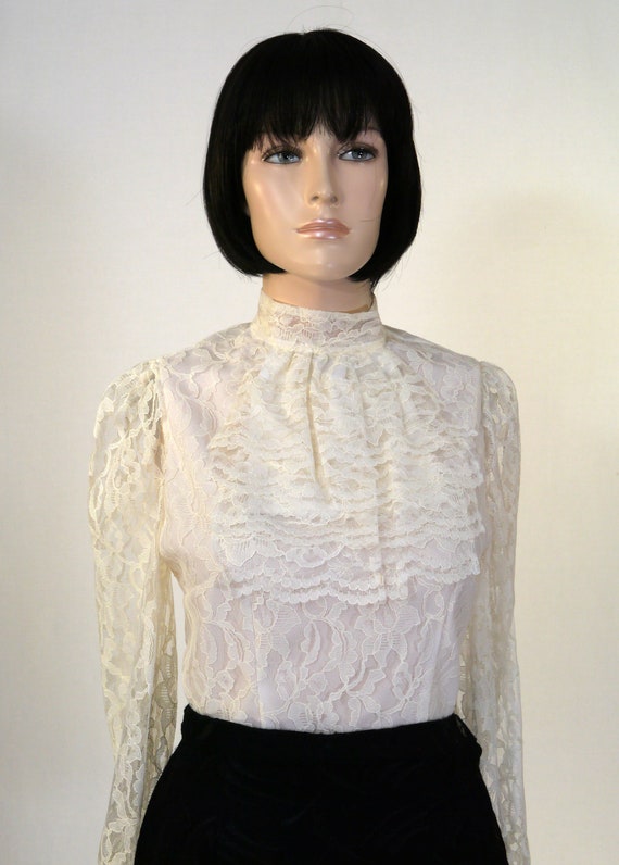 Vintage Scottish White Lace Blouse w/Jabot - Blac… - image 2