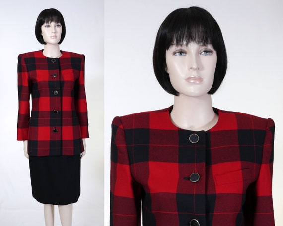 Vintage Kasper for A.S.L. Plaid Jacket & Rena Rowan Skirt 2 Piece Suit Wool  Suit Women's Suit Red/black Suit Lined Suit 