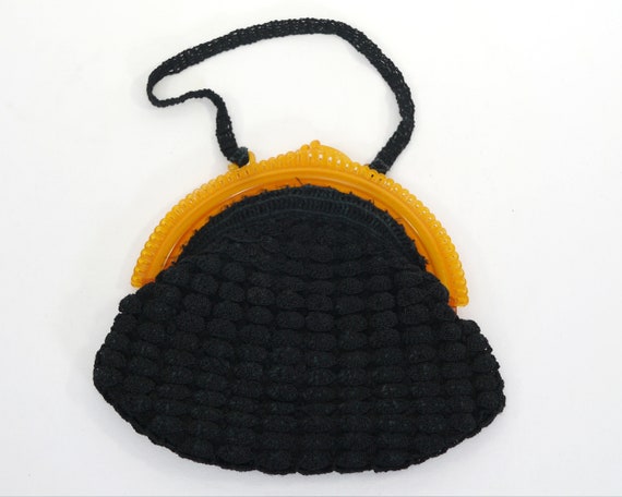 Vintage Black Crochet Handbag with Lucite Closure… - image 1