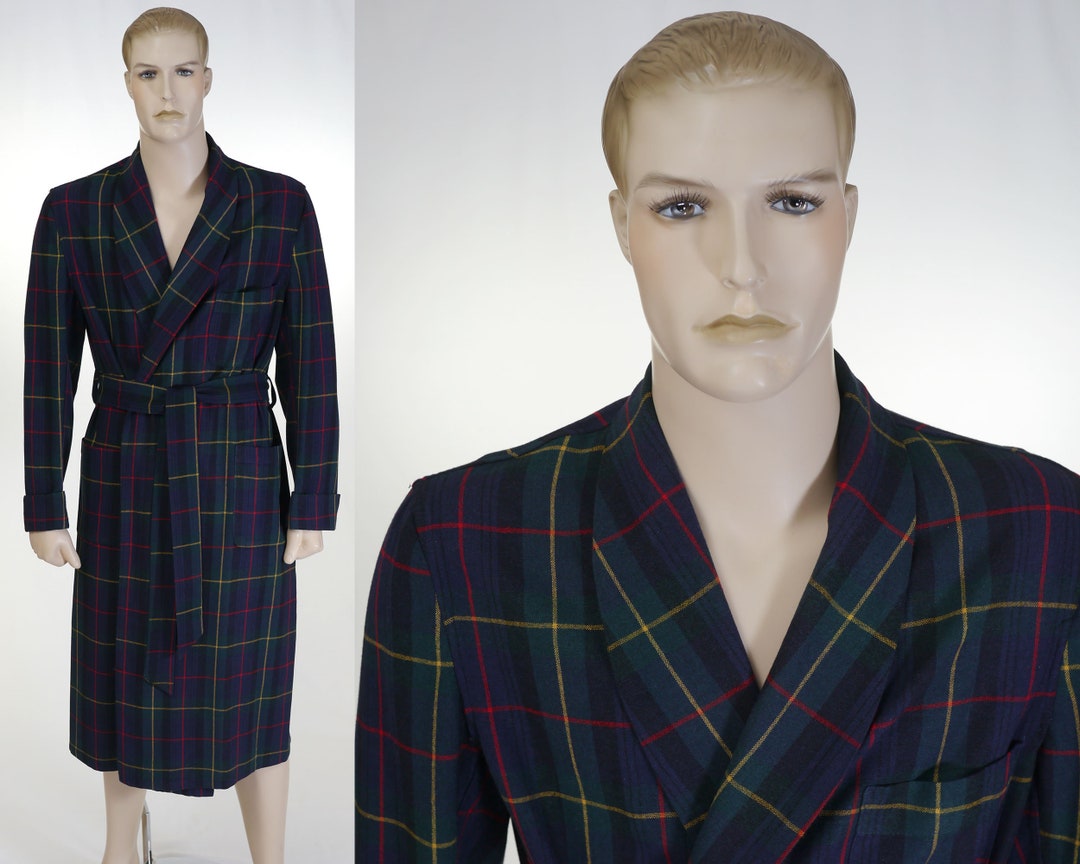 Vintage Men's Plaid Tartan Robe Wool/orlon Navy Blue Etsy