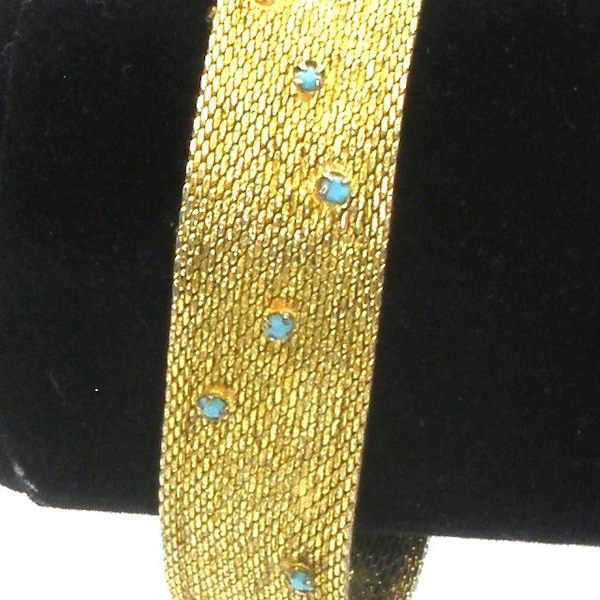 Vintage Gold Tone Mesh Bracelet with Turquoise  rhinstones
