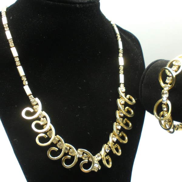 SAC Gold and Rhinestone Curly Que Necklace and Bracelet (Sarah Coventry Mystic Fire)