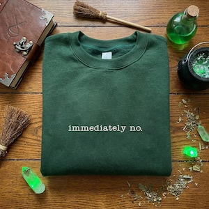 Puede incluir: Una sudadera verde oscuro con la frase "immediately no." impresa en blanco. La sudadera está rodeada de elementos temáticos de brujas, incluyendo un caldero, botellas de pociones, cristales y una escoba.