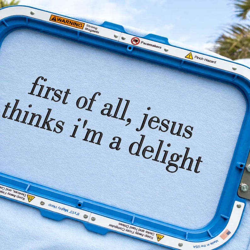 Pu&ograve; includere: Un telaio da ricamo blu con il testo "first of all, jesus thinks i'm a delight" in nero. Il telaio ha avvertenze di sicurezza ed &egrave; etichettato "8"x13" Mighty Hoop". Lo sfondo &egrave; un tessuto azzurro.
