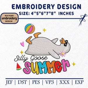 以下が含まれることがあります： サングラスと花をつけた漫画のガチョウ、ビーチボールと「Silly Goose Summer」の文字が特徴の刺繍デザイン。 デザインは10.16cmから20.32cmのサイズで利用できます。