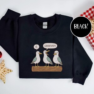 May include: Black sweatshirt featuring an embroidered design of three seagulls perched on a log. Speech bubbles above the birds read "6" and "seeeven". A black circle with the word "BLACK" is in the upper right corner.