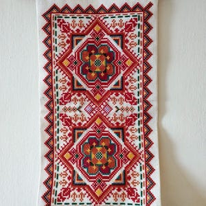 Palestinian Bedouin Red tatreez embroidered wall hanging on cream fabric