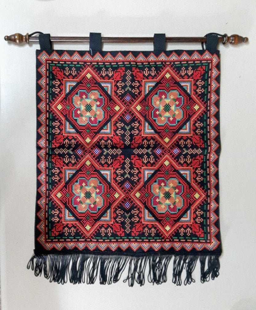 Palestinian square flowers embroidered wall hanging