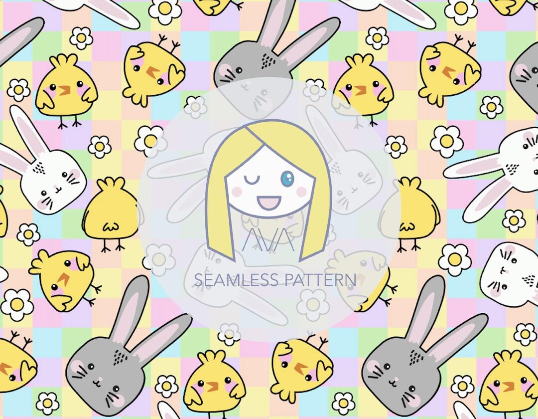 Easter Bunny and Chick on Pastel Gingham Repeat Print - Seamless ...
