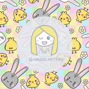 Può includere: Uno schema senza cuciture con un design ripetitivo di coniglietti, pulcini e fiori su uno sfondo a scacchi pastello. Lo schema è in tonalità di rosa, blu, giallo e verde.