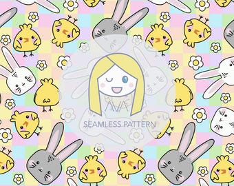 Easter bunny and chick on pastel gingham repeat print - seamless pattern - digital pattern - surface textile design - kids illustration