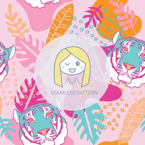 Könnte beinhalten: Ein nahtloses Muster mit rosa Hintergrund, bunten tropischen Blättern, abstrakten Formen und Tigergesichtern. Das Muster enthält auch einen weißen Kreis mit dem Gesicht eines Cartoon-Mädchens und dem Text "AVA SEAMLESS PATTERN".