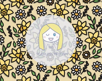 Daffodils yellow Spring repeat print - Easter floral seamless pattern - digital pattern - surface textiles - digital paper