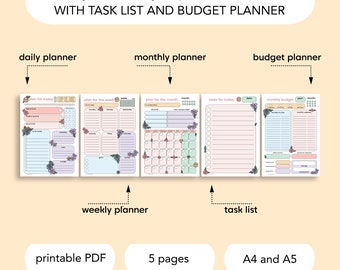 Happy Flowers Daily Weekly & Monthly Planner - Task List - Budget Planner - Printable Instant Download PDF - A4 A5 - 5 pages bundle - pastel