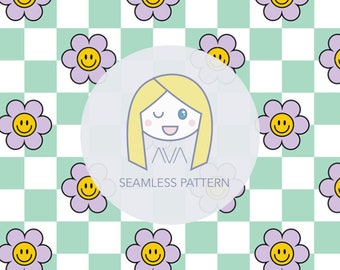 Checkerboard Daisy Mint - happy flower - repeat print - seamless pattern - digital pattern - surface textiles - digital paper