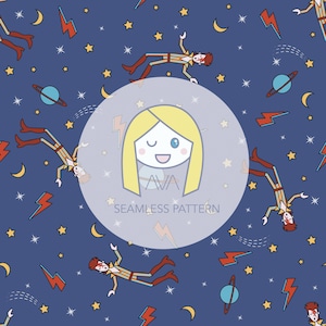 Puede incluir: Un patrón sin costuras que presenta a una niña de dibujos animados con cabello rubio y ojos azules, rodeada de estrellas, planetas, lunas crecientes y rayos. El texto "SEAMLESS PATTERN" es visible en el centro del diseño.