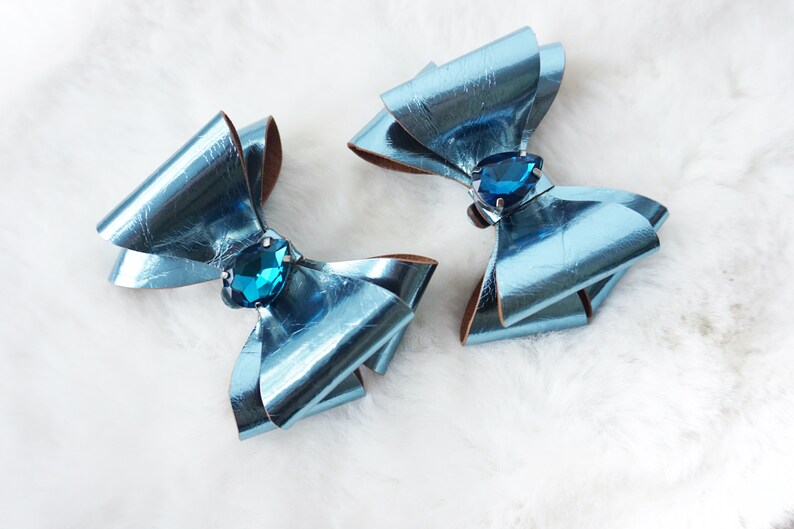 blue leather bow something blue Bow shoe clips Shoe accessories -bridal clip metallic leather shoe clips blue crystal leather bow