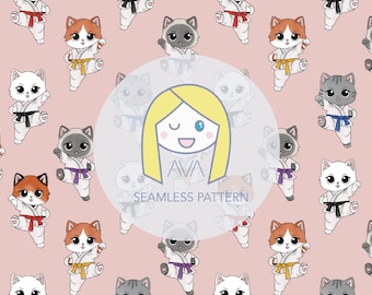 cute Karate Kittens repeat print - pink cat seamless pattern - digital pattern - surface textiles - digital paper - textile design