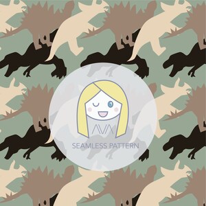 May include: Seamless pattern featuring stylized dinosaur silhouettes in shades of brown, tan, and black on a muted green background. A circular logo with a winking cartoon girl and the text "SEAMLESS PATTERN" is overlaid on the design.