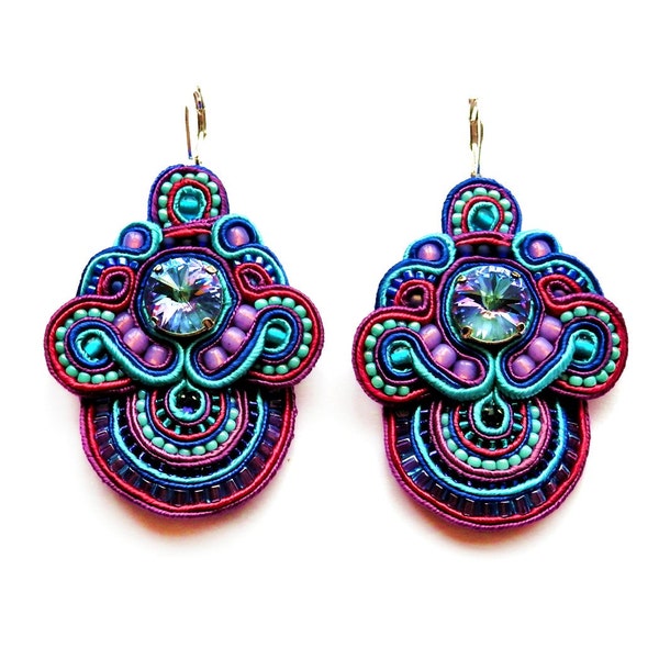 SUNBIRDS soutache earrings in purple, turquoise and pink (free international shipping)