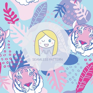 May include: A seamless pattern featuring pink and blue tigers, leaves, and abstract shapes on a light blue background. The pattern also includes a circle with a cartoon girl and the text "AVA SEAMLESS PATTERN".